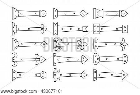 Decorative Vintage Arrow Hinges. Accents For Garage And Barn Doors, Gates, Trunks. Line Icon Set. Ve