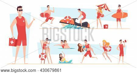 Beach Lifeguards. Kids Spend Good Safety Time On The Summer Beach Sea Or Ocean Recreation Works Exac