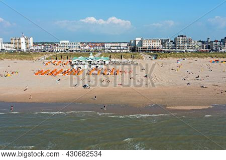 Aerial from the beach in Noordwijk aan Zee in the Netherlands on a beautiful summer day