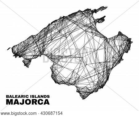 Wire Frame Irregular Mesh Majorca Map. Abstract Lines Are Combined Into Majorca Map. Wire Frame 2d N