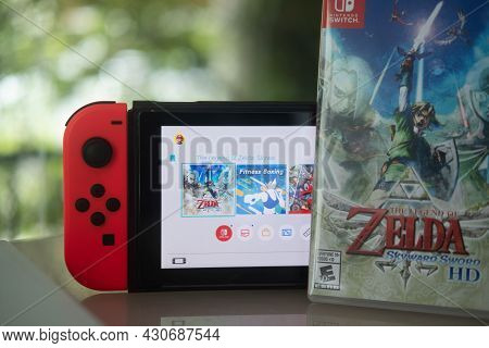 Samut Prakan, Thailand - August 23, 2021 : Nintendo Switch Gaming Console With The Legend Of Zelda: 