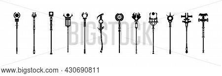 Black Wizard Staff. Magic Sorcerer Scepter And Shaman Tools Silhouette, Warlock Theurgical Staff For
