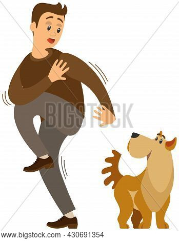 Man Frightened By Dog Suffers From Cynophobia, Human Fear Concept. Person Looking Scared At Dog Is A