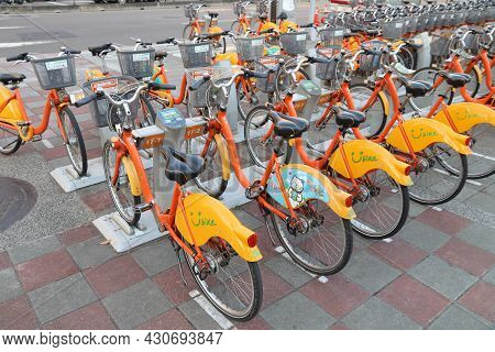 Taipei, Taiwan - December 3, 2018: City Bicycle Sharing Station In Taipei, Taiwan. The Bike Sharing 