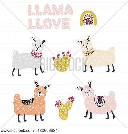 Doodle Vector Collection Of Lamas, Cactuses And Text Llama Llove. Perfect For Scrapbooking, Stickers