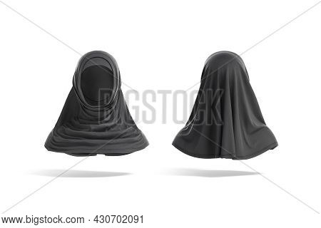 Blank Black Female Al-amira Mockup, Front And Back View, 3d Rendering. Empty Fabric Or Chiffon Headw