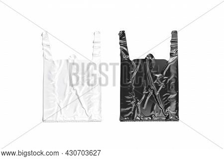 Blank Black And White T-shirt Plastic Bag With Handle Mockup, 3d Rendering. Empty Crumpled Parcel Fo