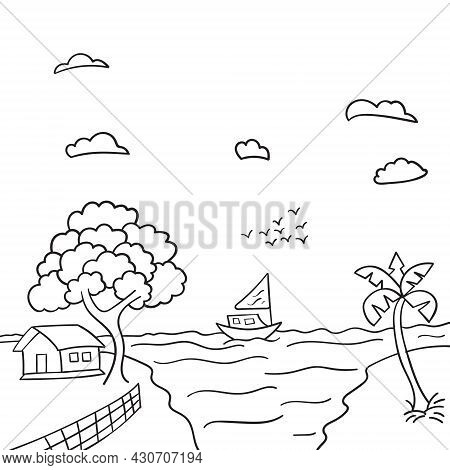 Country House And Village. Useful As Coloring Book For Kids Vector Illustration
