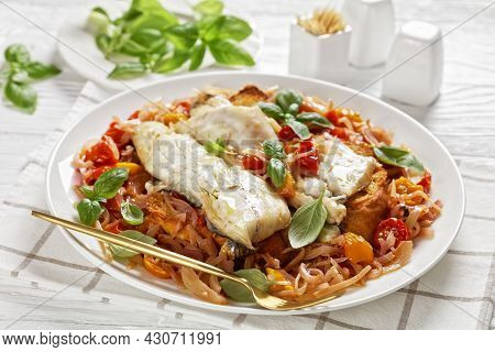Acqua Pazza, Italian Poached Fish In A Tomato And White Wine Based Sauce With Fennel, Herbs And Cris