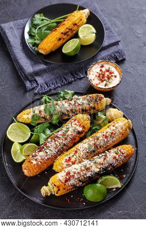 Elote, Grilled Mexican Street Corn, Charred Cobs Are Slathered In Sour Cream Based Sauce, Seasoned W