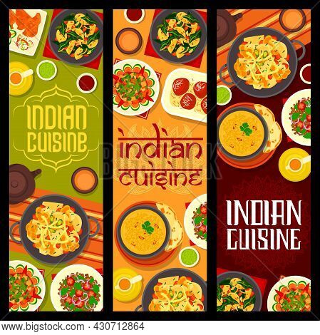 Indian Cuisine Vector Banners With Food, Vegetable Dishes And Milk Dessert. Potato Spinach Curry, So