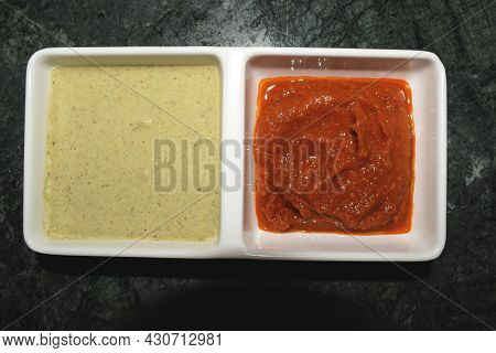Indian Special Traditional White And Red Chutneys Which Is Served And Eaten With Popular Dishes Like