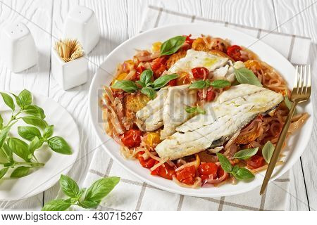 Acqua Pazza, Italian Poached Fish In A Tomato And White Wine Based Sauce With Fennel, Herbs And Cris