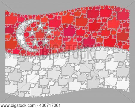 Mosaic Waving Singapore Flag Designed Of Like Icons. Vector Voting Collage Waving Singapore Flag Org
