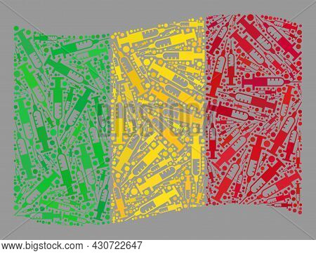 Mosaic Waving Mali Flag Constructed Of Syringe Items. Vector Addiction Collage Waving Mali Flag Desi