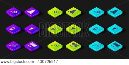 Set Firefighter Axe, Hose Reel, Walkie Talkie, Cone Bucket, Traffic And Icon. Vector