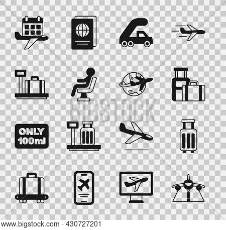 Set Plane, Suitcase, Passenger Ladder For Plane Boarding, Human Waiting Airport Terminal, Scale With