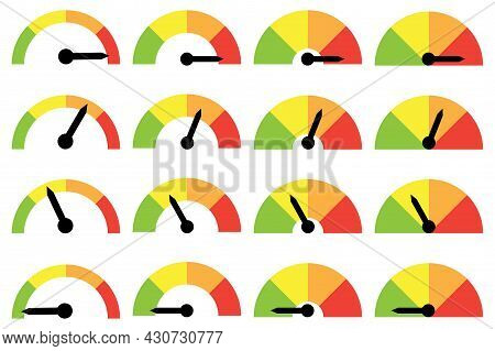 Color Speedometer Icons Set. Progress Performance Chart. Scale Meter. Infographic Design. Vector Ill