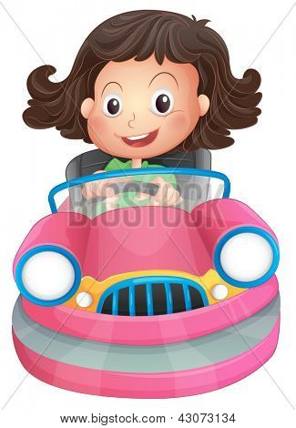 Illustration of a young girl riding on a pink bumpcar on a white background