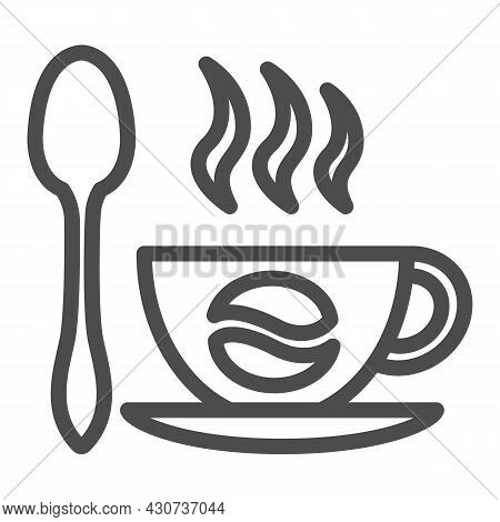 Cup Of Coffee On Sauser, Coffee Bean And Spoon Line Icon, Beverage Concept, Hot Drink Vector Sign On