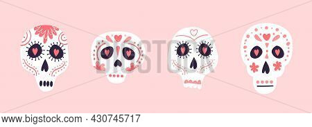 Vector Set Of Mexico Sugar Skulls Elements Dia De Los Muertos Symbols In Flat Hand Drawn Style Isola