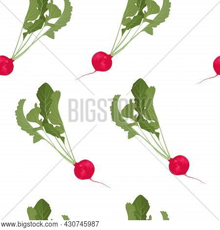 Red Radish Vector Stock Illustration. Seamless Pattern. Vegetable With Green Leaves. Root Vegetable.