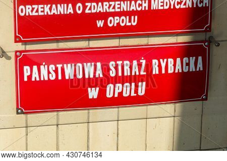 Opole, Poland - June 4, 2021: Sign State Fisheries Guard (polish: Panstwowa Straz Rybacka).