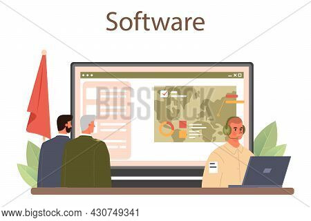 Soldier Online Service Or Platform. Millitary Force Employee In Camouflage