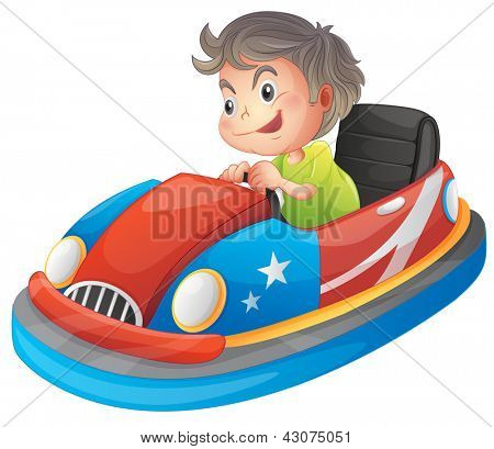 Illustration of a young boy riding a bumper car on a white background