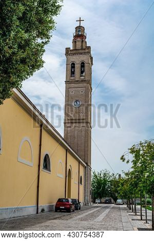 Shkoder, Albania - June 21, 2021: Outside View Of The Chapel Of Shkoder Cathedral. Bell Tower Of An 