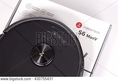 Leeuwarden, The Netherlands - July 7, 2021: Close-up Of Roborock S6 Maxv,  The Flagship Product Of R