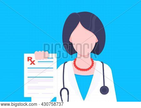 Medical Rx Form Prescription Flat Style Design Vector Illustration. Doctor Holds Paper Rx Form Appli