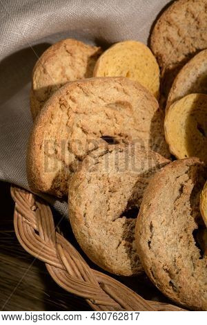 Tipical Summer Dish Of Puglia - Friselle. Classical Apulian Dried Bread Called Freselle. Healthy Veg