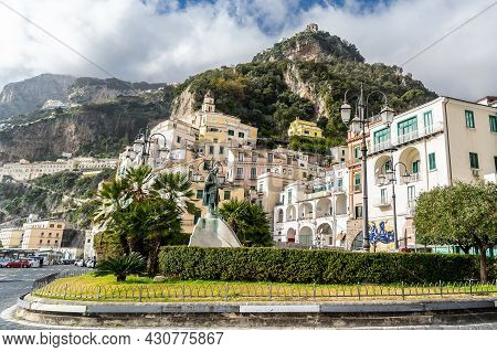 Amalfi, Campania, Italy, February 2020: Beautiful View Of Amalfi From Flavio Gioia Square, With Foun
