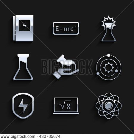 Set Test Tube And Flask, Square Root Of X Glyph, Atom, Solar System, Secure Shield With Lightning, A