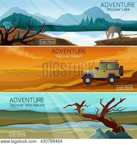 Discover Nature Wild Life 3 Flat Banners Set With Lake And Desert Adventures Abstract Isolated Vecto
