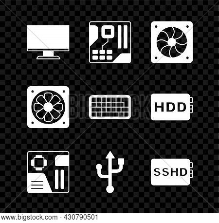 Set Computer Monitor Screen, Motherboard Digital Chip, Cooler, Usb, Sshd Card, And Keyboard Icon. Ve
