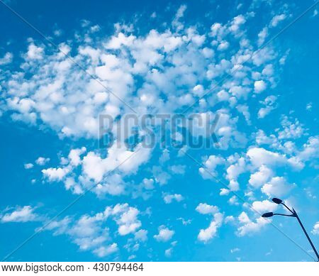 Blue Sky Background, Abstract Seasonal Wallpaper, Sunny Day With Tiny Clouds Atmosphere. Blue Welkin