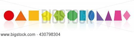Colored Geometric Shapes. Colorful Circle, Triangle, Square, Pentagon, Hexagon, Octagon, Rectangle, 