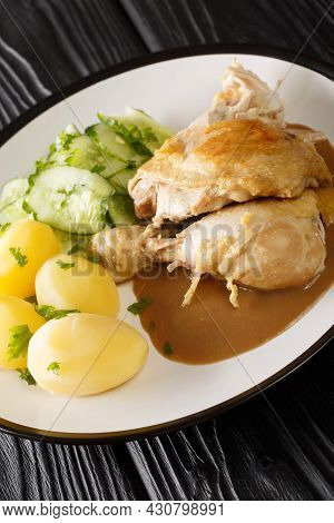 Gammeldags Kylling Translated As Old-fashioned Chicken Served With Potatoes, Cucumber Salad, And The