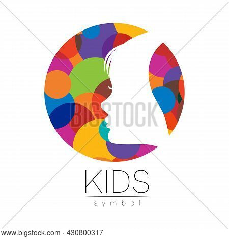 Child Girl Vector Logotype In Rainbowcolor Circle. Silhouette Profile Human Head. Concept Logo For P