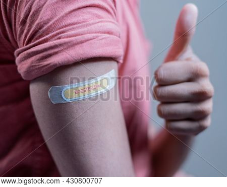 Covid-19 Or Coronavirus Vaccinated Shoulder With Booster Shot Sticker And Thumbs Up Gesture - Concep