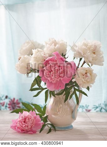 Still Life With White And Pink Peonies In A White Vase