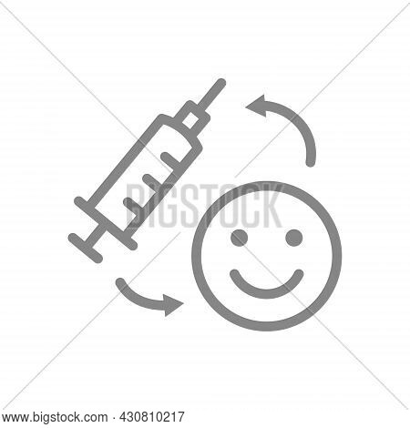Medical Syringe And Happy Face Line Icon. Vaccination, Consequences Of Vaccination, Vaccine Evaluati