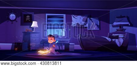 Little Boy Practice Magic With Wand And Glowing Spell Book, Magician Child Conjure In Bedroom Night 