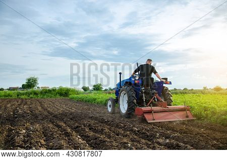 A Farmer On A Tractor Grinds The Soil Before Planting A New Crop. Work On The Plantation, Preparing 