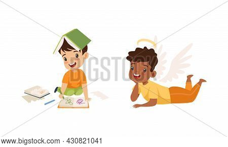 Naughty And Obedient Little Boy Drawing In Book With Felt Pen Vector Set