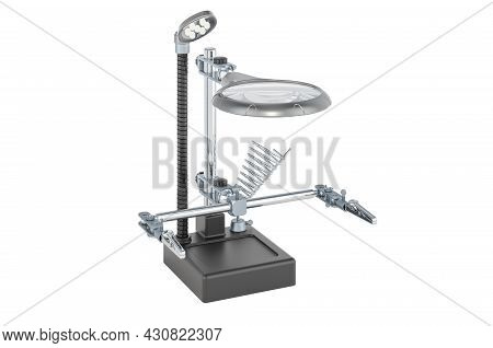 Adjustable Helping Hand With Magnifying Glass On Solid Heavy Base Isolated On White Background