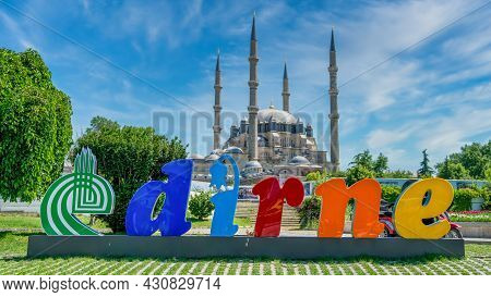 Edirne, Turkey - May 2018: Edirne Logo And Selimiye Mosque Built By Architect Mimar Sinan