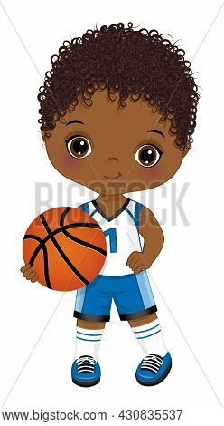 Cute Little Black Boy Wearing Blue And White Sport Outfit Playing Basketball. Little Boy Is Cute And